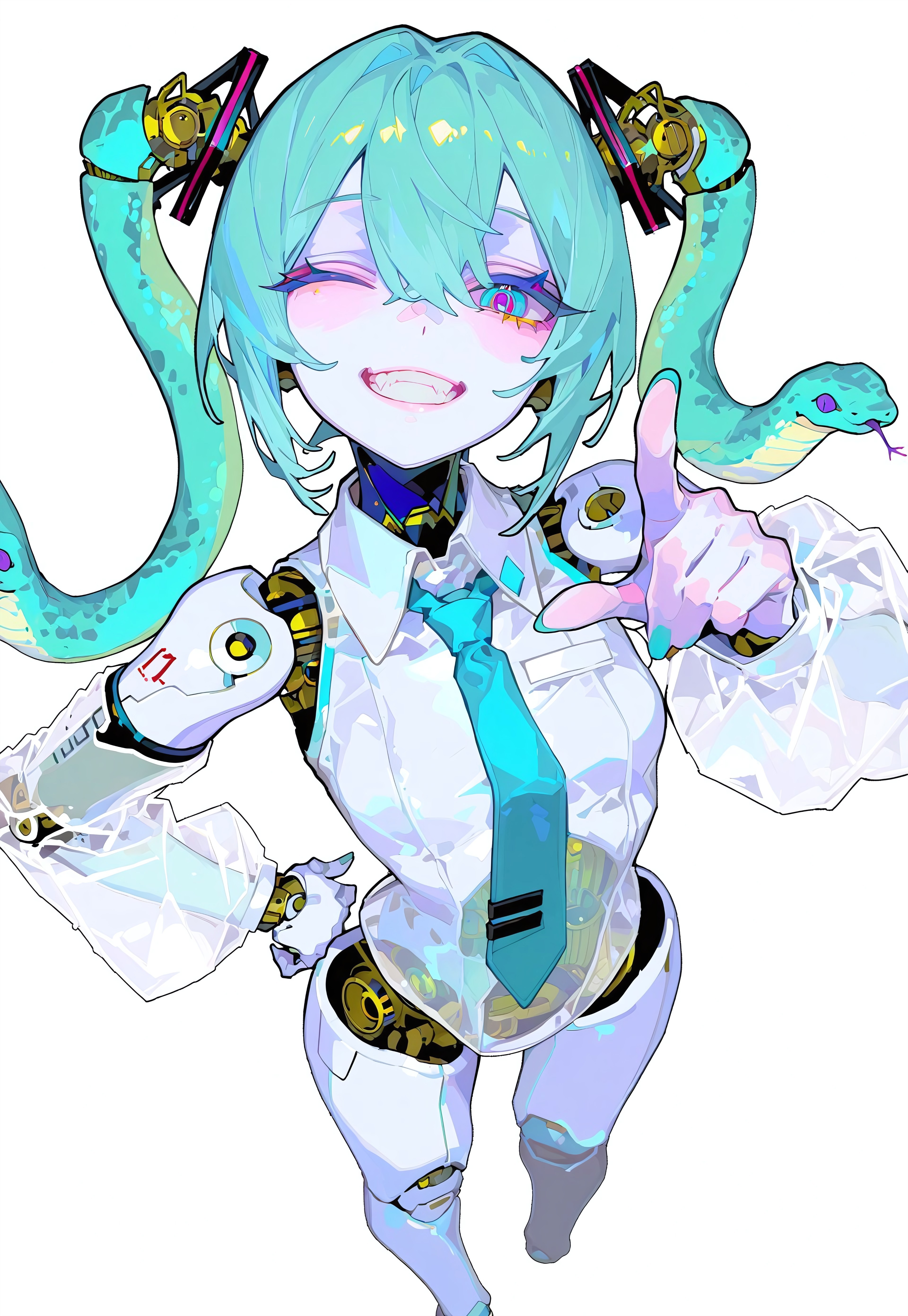 safe_pos, masterpiece,best quality,absurdres, amazing quality, hi res, masterpiece, best quality, detailed, amazing quality, detailed face, detailed eyes, clean eyes, best quality, highres, very aesthetic, newest, ultra-detailed, illustration, (best quality:1.1),ultra-detailed, high resolution, super detailed skin, beautiful detailed eyes, nsfw, Brightly Lit, Highly Visible, 8k, sharp focus, beautiful, perfect lighting, beautiful eyes, anatomically correct, anatomically correct face, extremely detailed eyes, smooth edges, beautiful face, symmetrical eyes, symmetrical face, BREAK 748cmstyle, tentacles, mtct, newest, (colorful:0.5), (lineart:0.8), (silhouette:0.4), (volumetric lighting, scenery), SNKHR, snake hair, snake_hair, BIGSNHR, (big snake twintails), Snake twintails (minus), 1girl, hatsune miku, smile, one eye closed, twintails, hand on hip, android, white background, aqua hair, blue necktie, blue eyes, grin, robot joints, looking at viewer, full body, simple background, see-through, mechanical tail, "2025" text, aqua necktie, pointing, white shirt, collared shirt, detached sleeves, from above, close up, cool