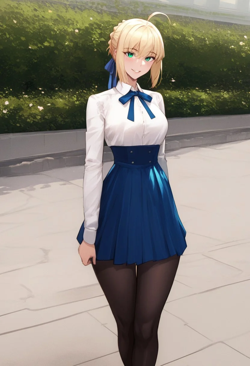 (score_9, score_8_up, score_7_up, high quality, best quality, ultra-detailed, very aesthetic, illustration, perfect composition, intricate details, absurdres, high res image, masterpiece, vibrant colors, beautiful face, detailed face, 1girl, solo focus, perfect eyes, detailed eyes), SaberCasual, female, green eyes, blonde hair, short hair, french braid, ahoge, light blush, pale skin, full lips, large thighs, perfect body, fit body, voluptuous, medium breasts, curvy body, narrow-waisted, wide hips, (white shirt, neck ribbon, long sleeves, high-waist skirt, blue skirt, black pantyhose), (teasing expression, small smile, suggestive pose), (outdoors, city, sidewalk, night, lamppost:0.8)