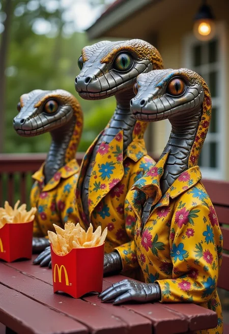 a family of 4. Metallic snakes dressed in 1970s fashion, featuring colorful flowers. sitting down a at a picnic table. Each metal snake has a McDonalds Happy Meal in front of them.
<lora:ImageUpgraderV2:0.3>