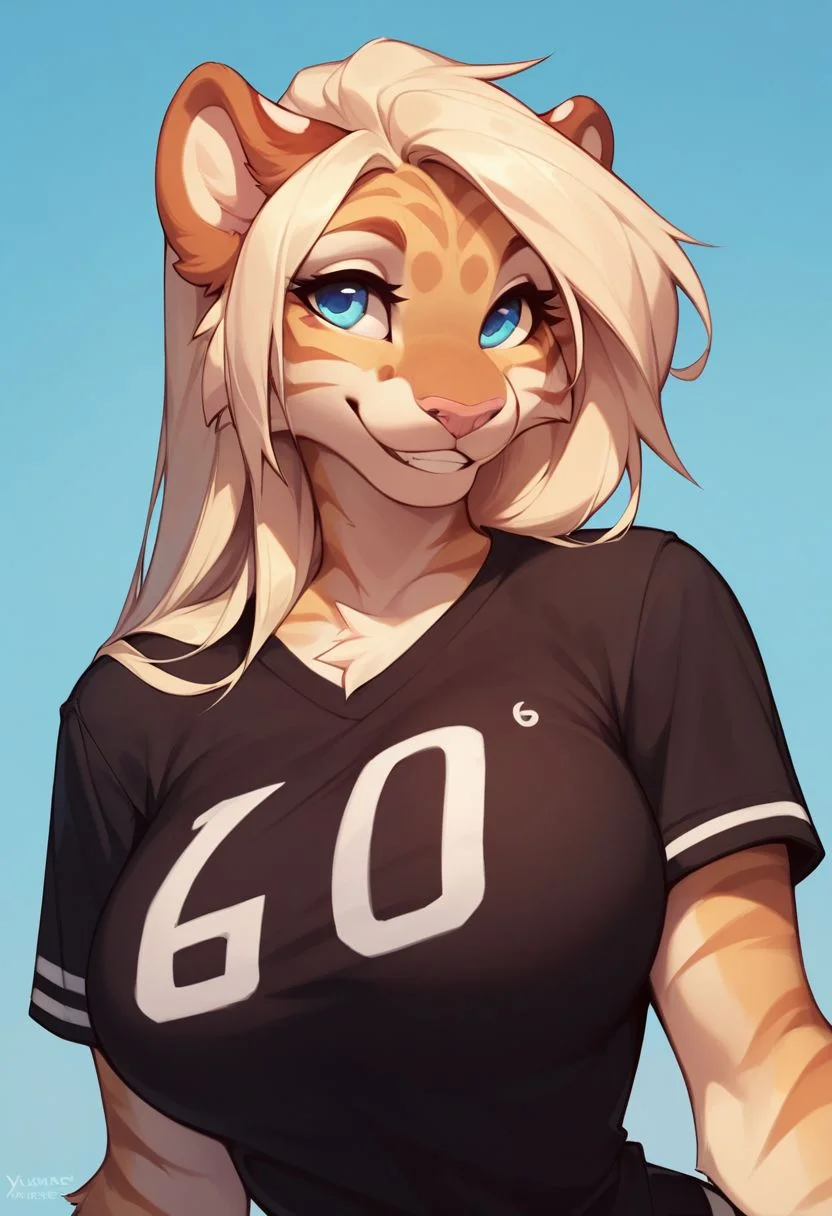 score_9, score_8_up, score_8, 1girl, anthro tiger, blonde hair, blue eyes, pink nose, beige fur, striped fur, large breasts, smooth, smiling, cute look, Black jersey shirt, portrait, posing