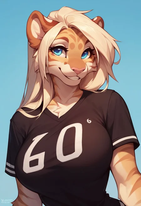 score_9, score_8_up, score_8, 1girl, anthro tiger, blonde hair, blue eyes, pink nose, beige fur, striped fur, large breasts, smooth, smiling, cute look, Black jersey shirt, portrait, posing
