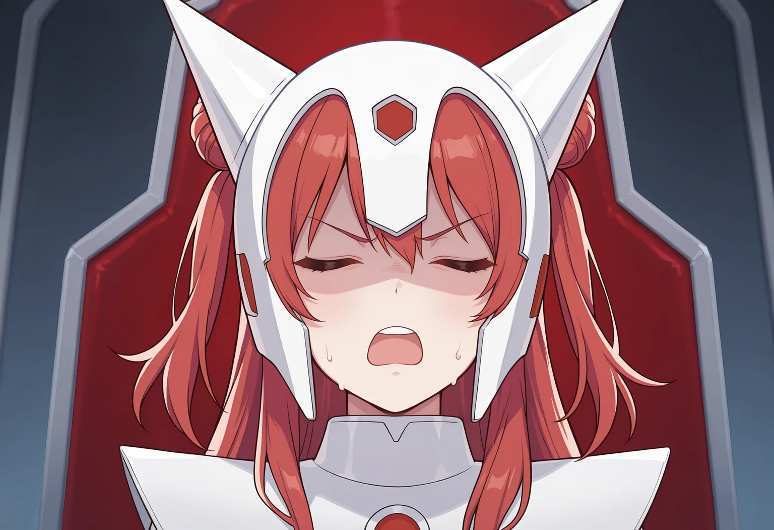 1girl, solo,
double bun, two side up, (red hair:0.8),
heika, helmet, horned headwear,  horned helmet,throne,upper body,white clothes, color timer, red helmet, white helmet, 
exhausted,(bags under eyes:0.5),open mouth, v-shaped eyebrows, closed eyes, 
masterpiece,best quality,amazing quality,very aesthetic,absurdres,newest,
<lora:StS-Illustrious-Detail-Slider-v1.0:1.5>,<lora:reduce_wrinkles_illstriouosv0.1_ADDifT_2_in_1_v1.2:0.8>,<lora:99coins_heika_IL_05:1>, <lora:Hanami-Saki-IllustriousXL-05:0.7> hanamisaki