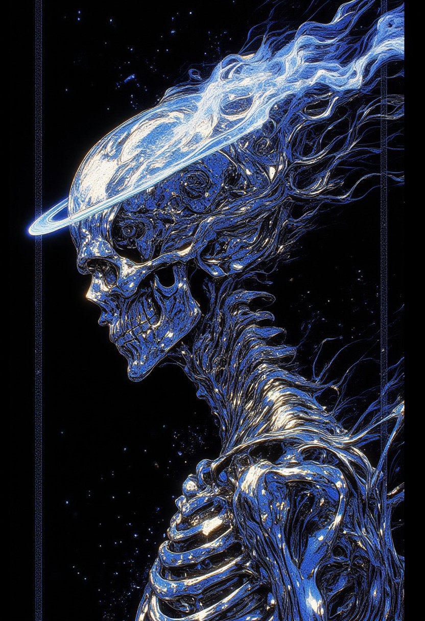 A digital artwork featuring a hyper-stylized human skeleton in side profile, viewed from the left, its shimmering bones adorned with reflective sequins that catch and scatter light in mesmerizing highlights. The skeleton’s surface gleams with a mirror-like metallic silver chrome, subtly infused with hints of deep sapphire blue, adding a celestial depth to its radiant structure. Intricate line work and meticulous shading enhance the three-dimensional form, blending anatomical precision with artistic abstraction. Floating above its head, a luminous, ice-blue halo emits a soft, spectral glow, casting an ethereal radiance that contrasts with the skeleton’s reflective sheen. The background is a solid jet-black canvas, serving as a stark backdrop for an optical illusion composed of intricate linear fractal patterns in black and white, creating a mesmerizing visual rhythm of geometric distortions. The illusionary lines pulsate with depth, appearing to warp and shift, amplifying the surreal atmosphere. The composition adheres to the rule of thirds, with the skeleton positioned elegantly along the left vertical axis, achieving perfect balance. The interplay of shimmering silvers, deep sapphire undertones, and stark monochrome optical elements crafts a futuristic, divine aesthetic that is both striking and hypnotic.