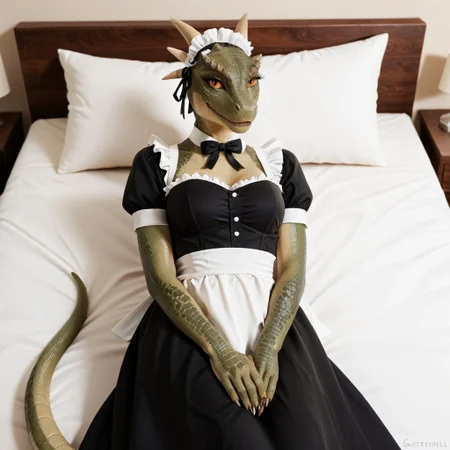 score_9, score_8_up, score_7_up, score_6_up, score_5_up, score_4_up, masterpiece, high quality, realistic, detailed, best quality, white bed, solo, rating_safe, source_furry, bedroom, smiling, seductive, looking at viewer, lying on back, detailed eyes, yellow eyes, liftshertail_tes, argonian, green scales, horns, tail, hands, female, 1girl, anthro, maid, maid outfit, maid headdress, good_hands,, breasts