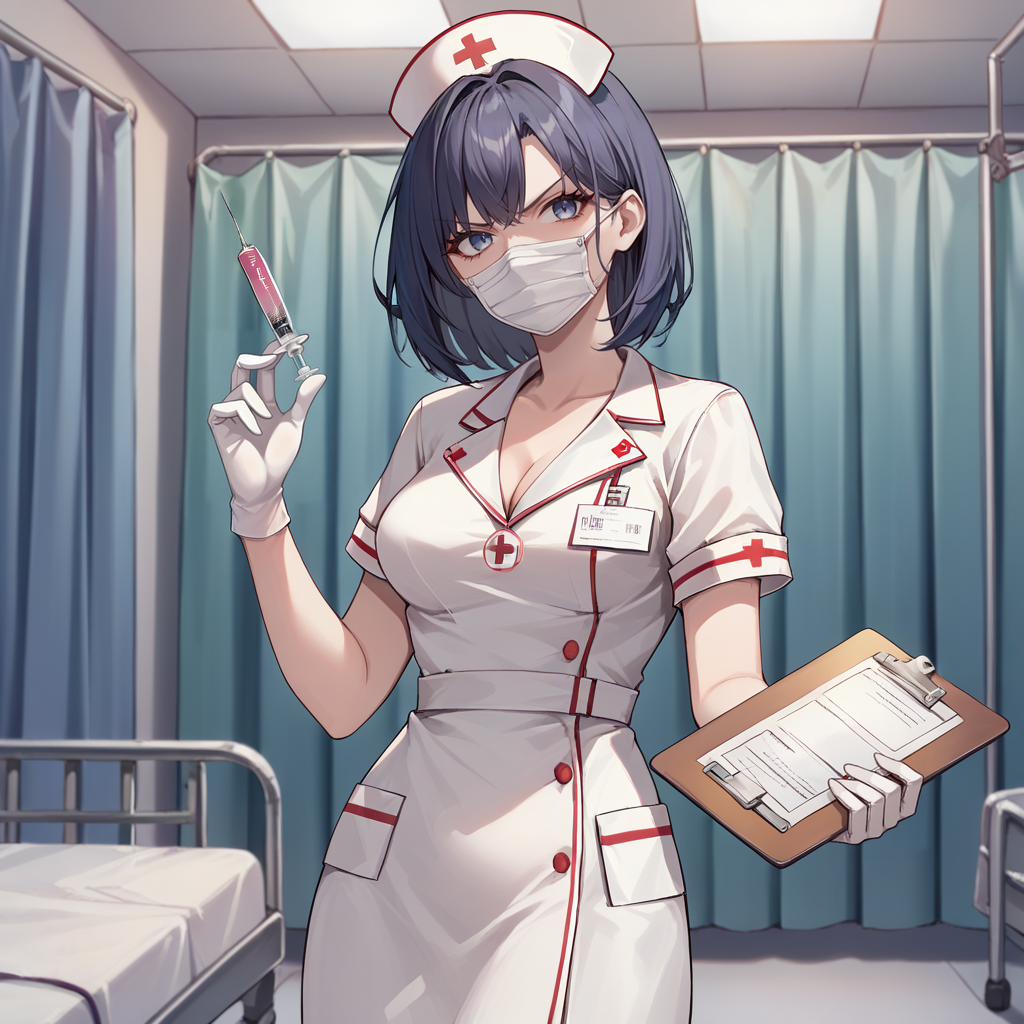 score_9, score_8_up, score_7_up, source_anime, masterpiece, 1girl, standing, looking at viewer, nurse, hospital room, disgust, surgical mask, medium breasts,medium hair,medical gloves <lora:syringe_pills_ponyXL_V1:0.8>,>, girl holding syringe, clipboard
