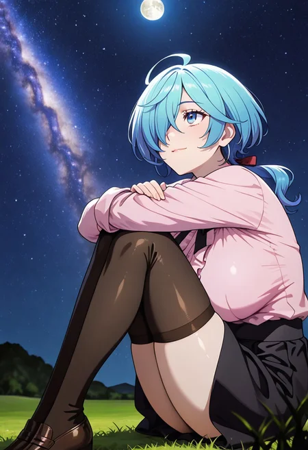 medium depth of field, rule of thirds, masterpiece-level, clean lines, sharp, focused subject, minimalistic composition, masterpiece, amazing quality, best quality, anime screencap, detailed face, detailed eyes, detailed outfit, face focus,
general,highres, ultra-detailed,very aesthetic,best quality ,best hands, perfect anatomy,detailed,
BREAK 1girl, solo, Isemi Tina,blue eyes,low ponytail,one eye covered,blue hair,ahoge,
jirai kei ,pink shirt,black skirt,thighhighs,
from front, from side, cowboy shot,
sitting, hugging own legs, knees arms support, happy, light smile,
Looking up at the sky,
(Clifftop, grass, moon,
outdoors, night sky, strarry sky, milky way, scenery),