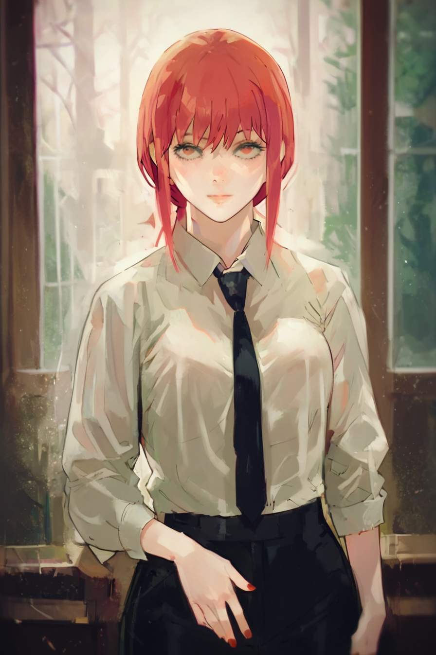 score_9, score_8_up, score_7_up, score_6_up, score_5_up, score_4_up, <lora:mak1ma0XL_Pony_v1:0.8> , mak1ma0, red hair, long hair, white collared shirt,black necktie, black pants, 1girl,<lora:sui_ishida_style_Pony:1>, sui_Ishida_style, solo, alone, standing, looking at the viewer, masterpiece, highres
