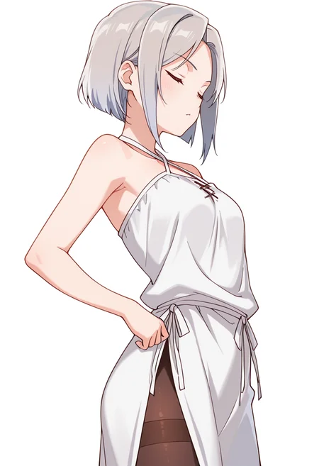 masterpiece,high quality details,absurdres,
<lora:Nishidera_Nene:0.8> nene_cnr, 1girl, grey hair, short hair,, simple background, white background, from side,solo,, ;<,, tunic ,criss-cross halter,slit skirt,,thighband pantyhose,