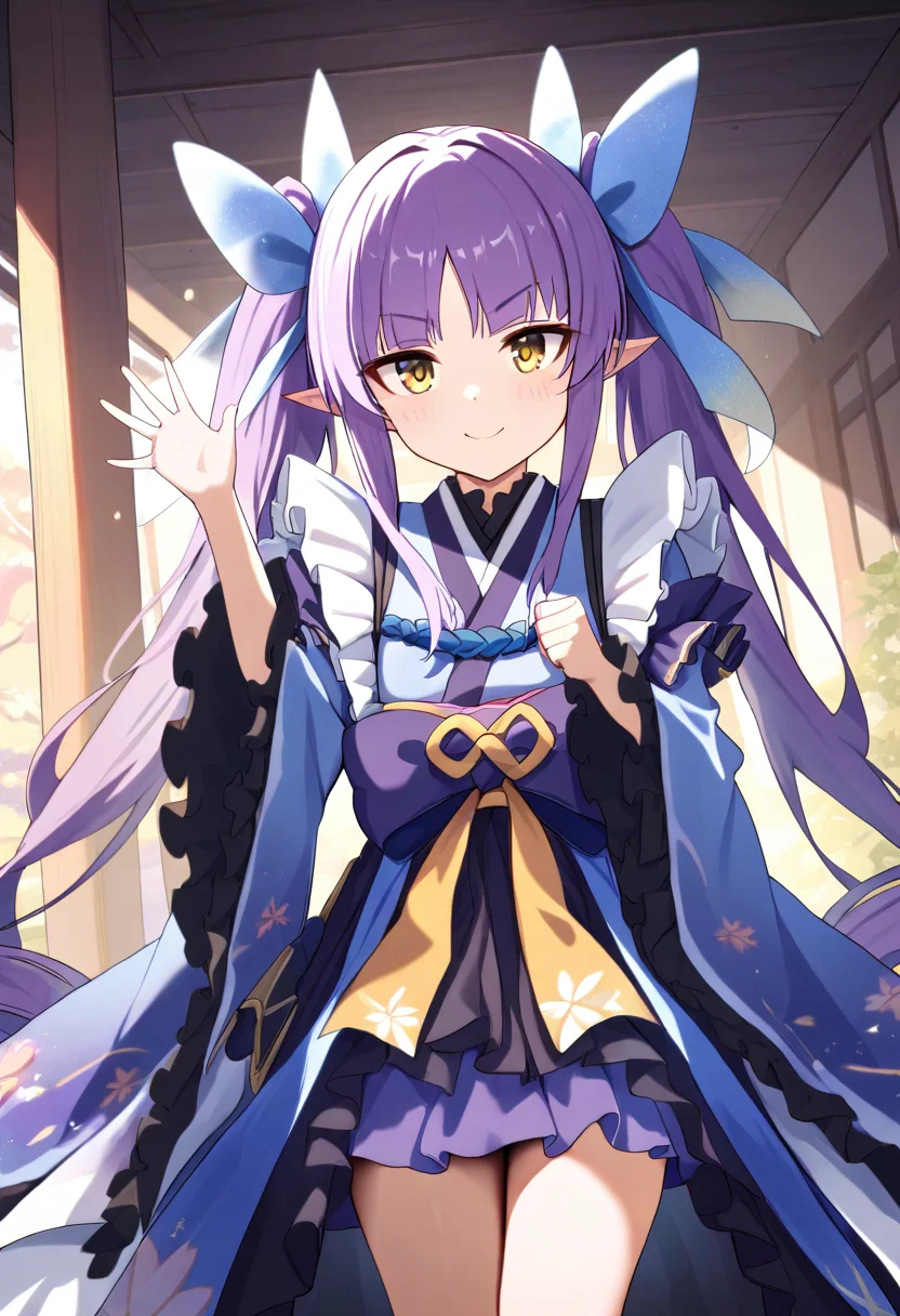 masterpiece,high score,great score,absurdres,<lora:Kyouka_ani4_xl_v1-000014:0.8>,kyouka \(princess connect!\),1girl,purple hair,twintails,solo,skirt,frills,looking at viewer,standing,pointy ears,yellow eyes,waving,japanese clothes,blue ribbon,wide sleeves,blue dress