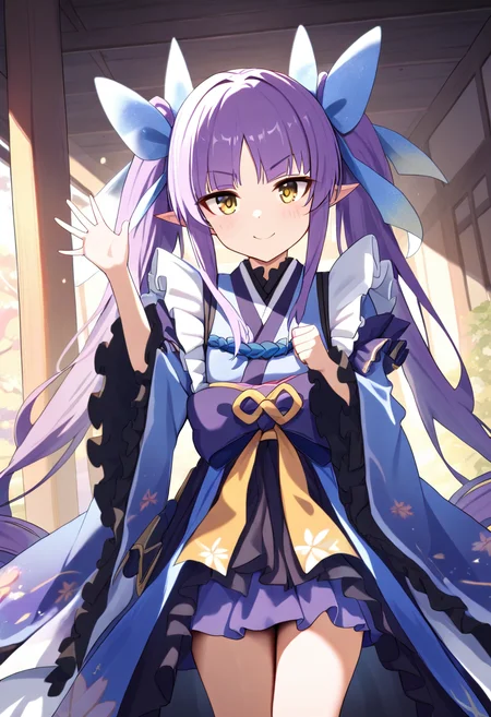 masterpiece,high score,great score,absurdres,<lora:Kyouka_ani4_xl_v1-000014:0.8>,kyouka \(princess connect!\),1girl,purple hair,twintails,solo,skirt,frills,looking at viewer,standing,pointy ears,yellow eyes,waving,japanese clothes,blue ribbon,wide sleeves,blue dress