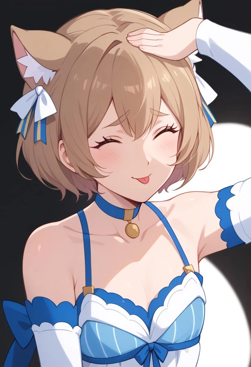 (score_9, score_8_up, score_7_up), 1boy, felix argyle, otoko no ko, femboy, meme, cute, AhEtoBlehMeme, closed eyes, tongue out, :p, hands on own head, smile, black background, hair bow, dress, striped, ribbon, detached sleeves, blue choker, collarbone, bare shoulders, blush, cute, kawaii, funny, meme, sexy, close-up, Expressiveh