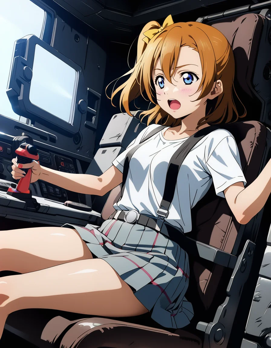 1girl,
kousaka honoka, love live!
casual wear,skirt,
surprised,
<lora:gundamwingcockpitXL2:1>,gundamwingcockpit,joystick,seatbelt,sitting,
masterpiece, best quality, ultra detailed, highres,4k,(ultra-detailed:1.4) (illustration:0.5), (ray tracing,:0.8),(anime colored:0.7),(ai-generated:0.5),