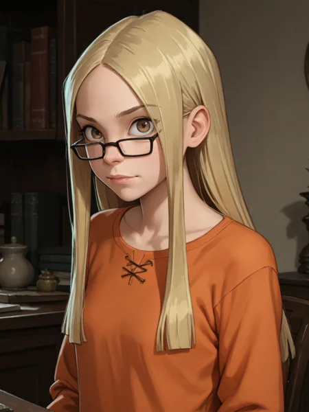 score_9, score_8_up, score_7_up, score_6_up, BREAK, Gr3taBarrym0re, 1girl, solo, long hair, blonde hair, orange shirt, long sleeves, glasses, <lora:Greta Barrymore-000009:1>