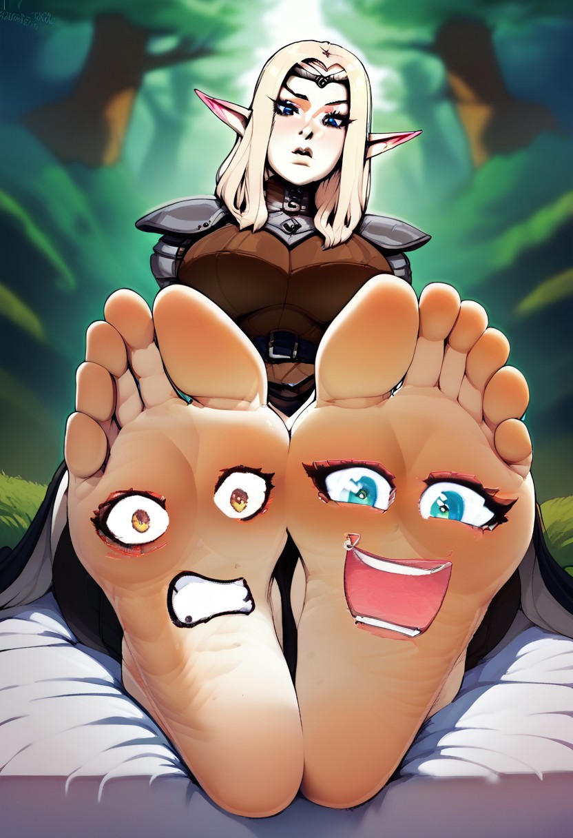 PONYXL_WaifuFeetPics_ownwaifu blonde elf girl in forest at night. wearing leather armor with bare feet, feet soles toes, feet on display, magical sparkles around soles. sentient feet, female faces on soles. worried faces on soles. sentient feet. feet come to life. bold colors. detailed shading. sexy feet. extreme perspective. feet focus