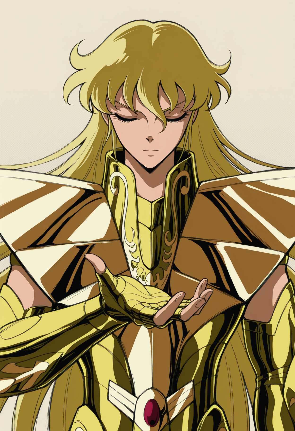 <lora:[Char - IL] Saint Seiya - Shaka (R1E11):1> ss_shaka, virgo armor, blonde hair,
solo, 
upper body, straight-on,
serious, closed mouth, closed eyes,
hand up, open hand,
BREAK
very awa, best quality, masterpiece, highres,
simple background, abstract shapes, minimalism, sharp symbols, polka dot background, striped background, halftone, background,