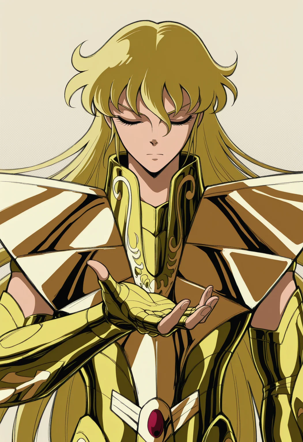 <lora:[Char - IL] Saint Seiya - Shaka (R1E11):1> ss_shaka, virgo armor, blonde hair,
solo, 
upper body, straight-on,
serious, closed mouth, closed eyes,
hand up, open hand,
BREAK
very awa, best quality, masterpiece, highres,
simple background, abstract shapes, minimalism, sharp symbols, polka dot background, striped background, halftone, background,
