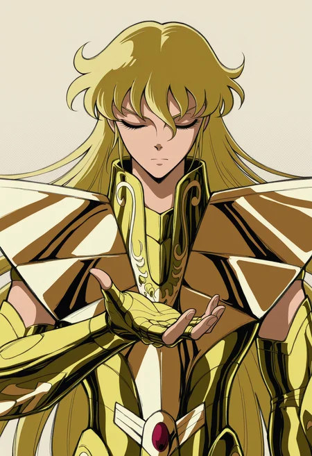 <lora:[Char - IL] Saint Seiya - Shaka (R1E11):1> ss_shaka, virgo armor, blonde hair,
solo, 
upper body, straight-on,
serious, closed mouth, closed eyes,
hand up, open hand,
BREAK
very awa, best quality, masterpiece, highres,
simple background, abstract shapes, minimalism, sharp symbols, polka dot background, striped background, halftone, background,