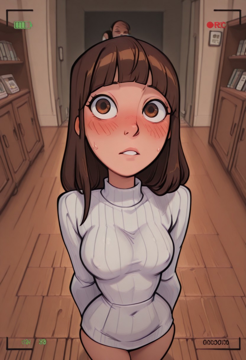 Masterwork, masterpiece, best quality, 
1girl, azuki miho, brown hair, brown eyes, long hair, blunt bangs, skindentation, petite, slender body, medium breasts, perky firm round breasts, moist eyes, troubled face, blush, embarrassed looking at viewer, parted lips, standing, upward glance, girls arms behind back, white sweater, solo focus, standing, bookshelves, wooden floor, from above, pov, indoors, office, dim room, low key lighting, detailed background, 1man, behind girl, head out of frame, smoove, cam3rafram3, black frame, REC symbol, timestamp, battery icon, HUD overlay, focus markers