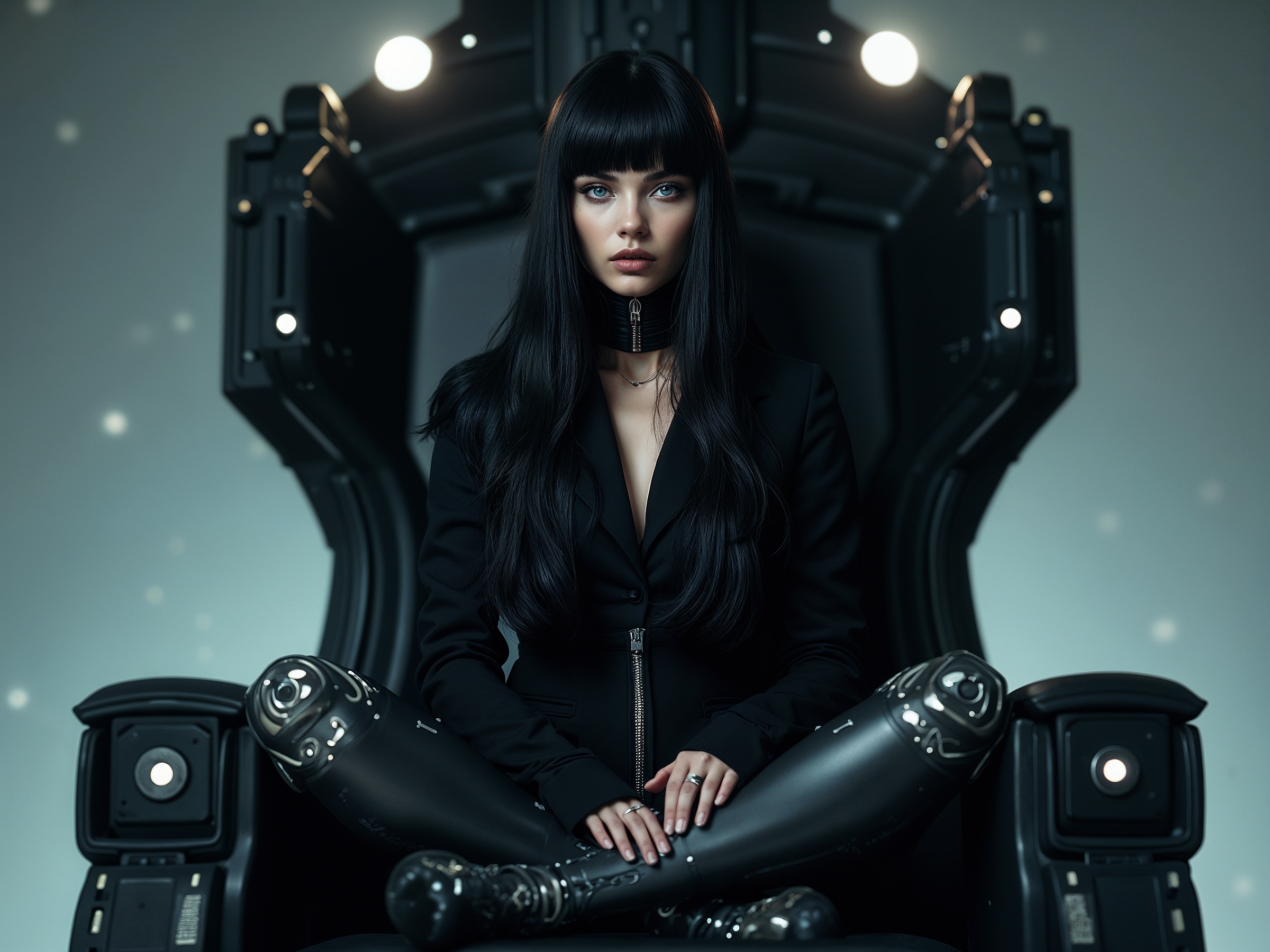 One beautiful girl, sitting cross-legged on a futuristic throne, with long, lush black hair, straight bangs to her eyes and piercing white eyes without pupils. She is an android with robotic joints and mechanical legs, wearing a long-sleeved black jacket and high heels. Her skin has a metallic hue and glows, giving the impression of a galactic space with stars in the background. She looks at the viewer, creating a mysterious and futuristic atmosphere. Photographic quality, photo, portrait, ((Enticing action pose, close up, dynamic view))