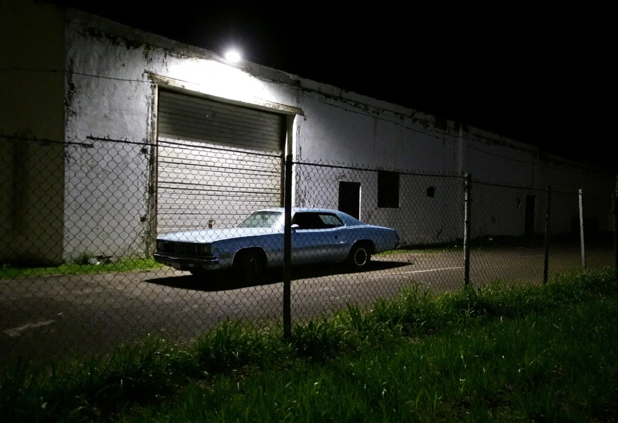Dilapidated warehouse, nighttime setting, chain-link fence in foreground, overgrown grass. Classic car, metallic blue, parked near fence, low-angle view, dim streetlight overhead casting shadows. Building facade, white, weathered, large garage door, small side door to the right. Isolated urban area, stark lighting, amateurish quality, slightly blurred details, moody atmosphere