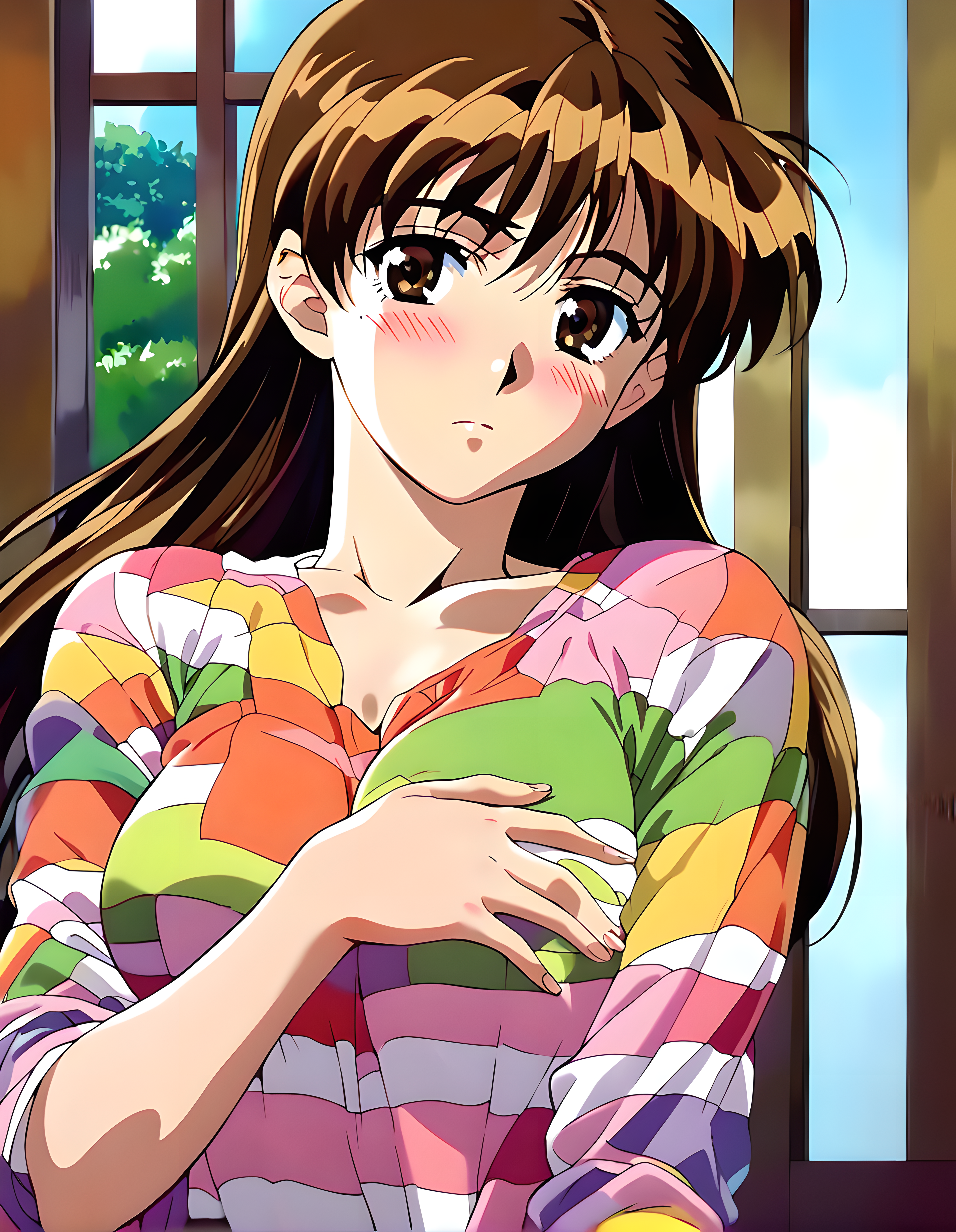 <lora:pony_xl_ryoko:0.8>,ryoko,score_9,score_8_up,score_7_up,source_anime,1girl,solo,indoor,looking at viewer,striped_shirt,stare,front view,looking in love,hands_on_own_chest,embarrass,light_blush,