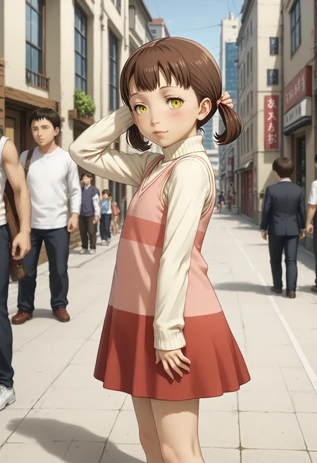 <lora:Hyper-SDXL-8steps-lora:1> <lora:Fixhands_anime_bdsqlsz_V1:1> zPDXL2, score_9, score_8_up, score_7_up, source_anime, intricate details, perfect anatomy BREAK
outdoors, city, tokyo, japan, audience, crowd, standing, cowboy shot, wind, hair flowing in the wind, from side, looking at viewer, hand in own hair, Passionate, A heated look, a flushed face, and a quickened breath., 1girl, solo, solo focus,
<lora:P4-doujima_nanako_XL(pony&ill)_beta:1> doujima nanako, brown hair, low twintails, yellow eyes, pink dress, white sleeves, red skirt, white socks, red shoes,