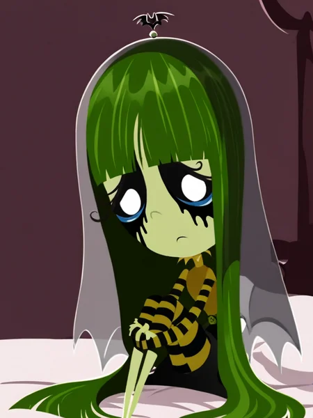 score_9, score_8_up, score_7_up,
1girl, misery gloom, very long hair, green hair, blunt bangs, green skin, black sclera, white eyes, half-closed eyes, runny makeup,
veil, green t-shirt, striped shirt, long sleeves, striped legwear, black skirt,
sitting, on bed, hugging own legs, frown, looking at viewer,