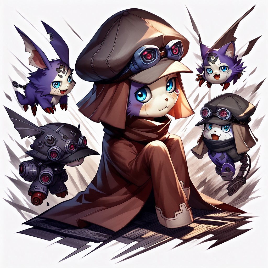 digimon offmon wearing longsleeve, hat, googles, metal tendrils coming from his back, concept art, realistic, dark theme, low light,, verybadimagenegative_v1.3, zPDXL3, poster art