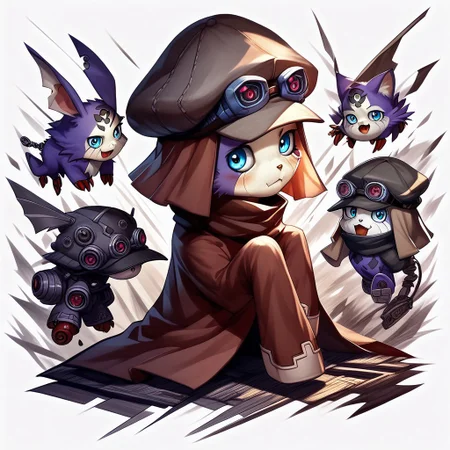 digimon offmon wearing longsleeve, hat, googles, metal tendrils coming from his back, concept art, realistic, dark theme, low light,, verybadimagenegative_v1.3, zPDXL3, poster art