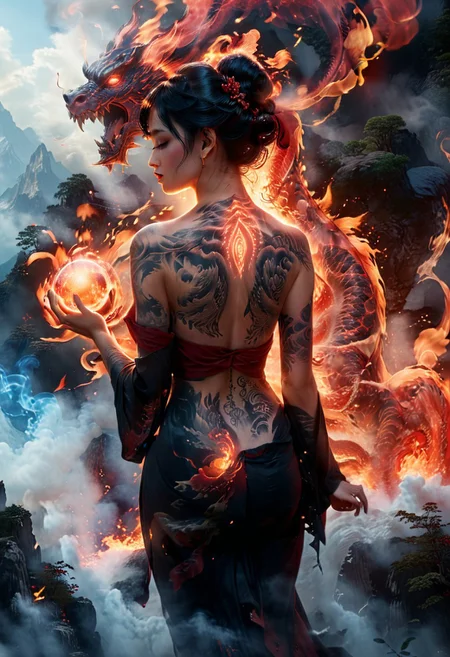NSFW, Translucent, 8k, (film grain, dof, color graded cinematic, ultra detailed:1.4), detailed behemoth gigantic mountain tall dragon spirit composed of blue fire elements roaring in front of female, irezumi, standing on top of mountains, female, cute face, black eyes, (looking forward:1.3), (full-body tattoo:1.9), black hair updo, hair ornaments, <lora:tatoo:1>, (translucent black/red tatoo:1.2), kimono, black yukata, red sash, obi, pulled yukata, night, lunar eclipse, fire element, cinematic light, very aesthetic, outstretched arms, back angle view, absurdres, Masterpiece, incredibly absurdres, subsurface scattering, detailed skin, detailed tatoo, glowing, very detailed, intrinsic details, OverallDetailXL,