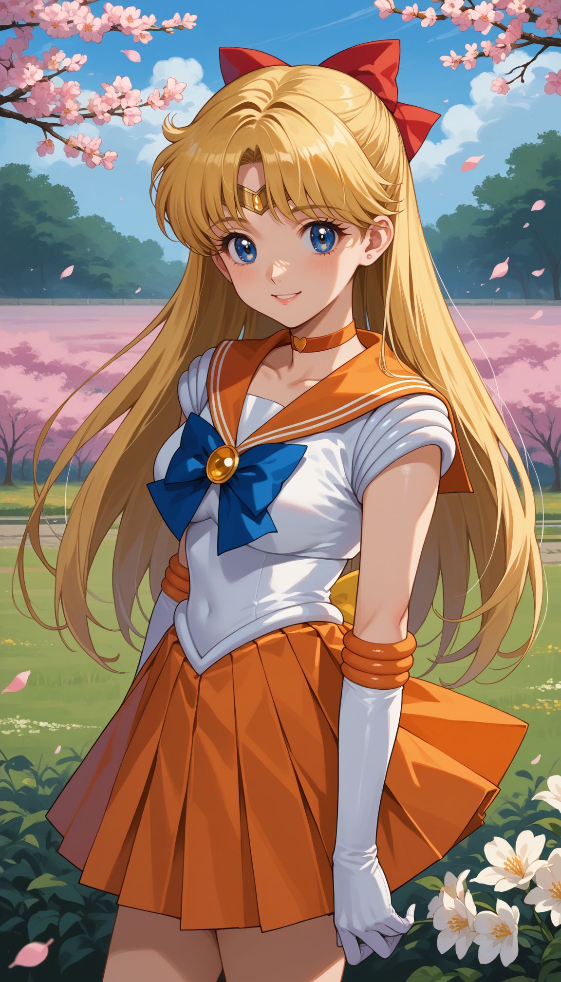 score_9, score_8_up, score_7_up, source_anime, ,outdoors,cherry blossoms,standing,cowboy shot,smile, flower field
 <lora:Sailor Venus:0.8> sailor venus, aino minako, blonde hair, red bow, blue eyes, jewelry, sailor senshi uniform, magical girl, elbow gloves, white gloves, orange sailor collar, orange skirt, orange choker, pleated skirt, blue bow, miniskirt, tiara, hair bow