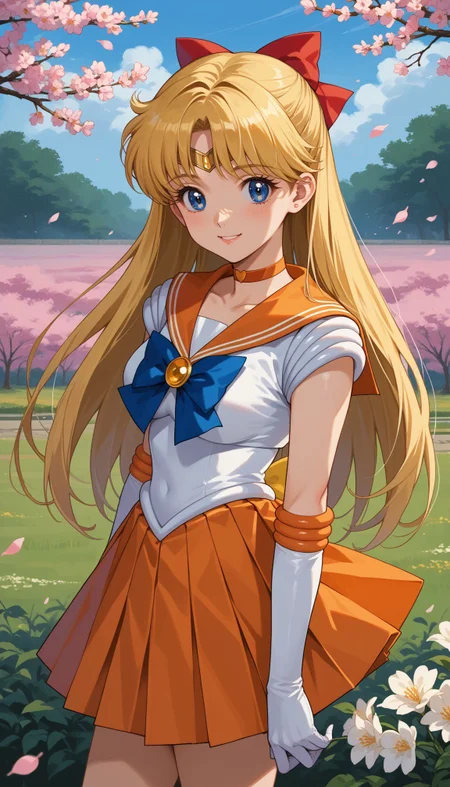 score_9, score_8_up, score_7_up, source_anime, ,outdoors,cherry blossoms,standing,cowboy shot,smile, flower field
<lora:Sailor Venus:0.8> sailor venus, aino minako, blonde hair, red bow, blue eyes, jewelry, sailor senshi uniform, magical girl, elbow gloves, white gloves, orange sailor collar, orange skirt, orange choker, pleated skirt, blue bow, miniskirt, tiara, hair bow
