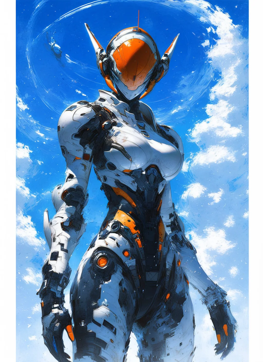 score_9, score_8_up, score_7_up, highly detailed, painting, girl, large breasts, helmet, black armor, long pink hair, standing, mcnm, deep blue sky, rating_questionable, BREAK best quality, masterpiece, e621, digital_art <lora:Mechanism-pdxl-1:1.0>