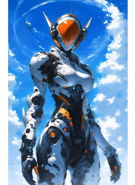 score_9, score_8_up, score_7_up, highly detailed, painting, girl, large breasts, helmet, black armor, long pink hair, standing, mcnm, deep blue sky, rating_questionable, BREAK best quality, masterpiece, e621, digital_art <lora:Mechanism-pdxl-1:1.0>