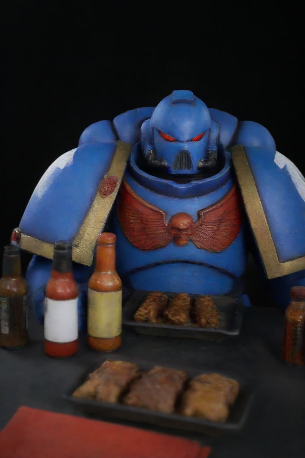 a blue spacemarine robot, post apocalyptic war background, hotones, closeup, 1boy, solo, sitting, bottles of hot sauce, plate of hot wings on table,  red napkin in lap, white shirt, blue sweater, looking at someone, smiling