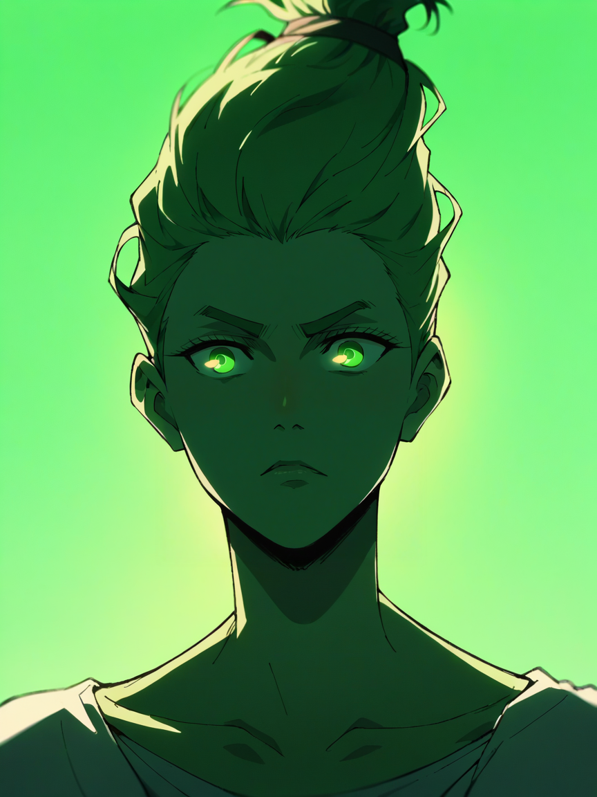 score_9, score_8_up, score_7_up, score_6_up, score_5_up,   <lora:dandadanXLP:1> dan, 1girl, green lighting, portrait,