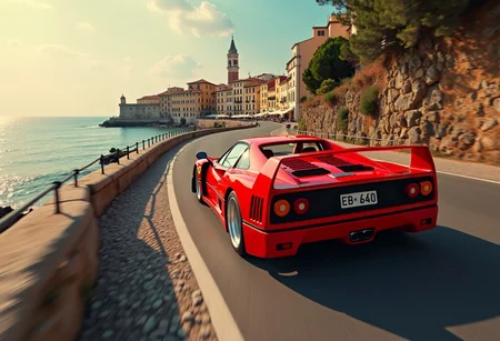 Red Ferrari F 40 drive on road, road in old italian city next to beach and sea, warm tones, beautiful image, best quality, high contrast, high color saturation