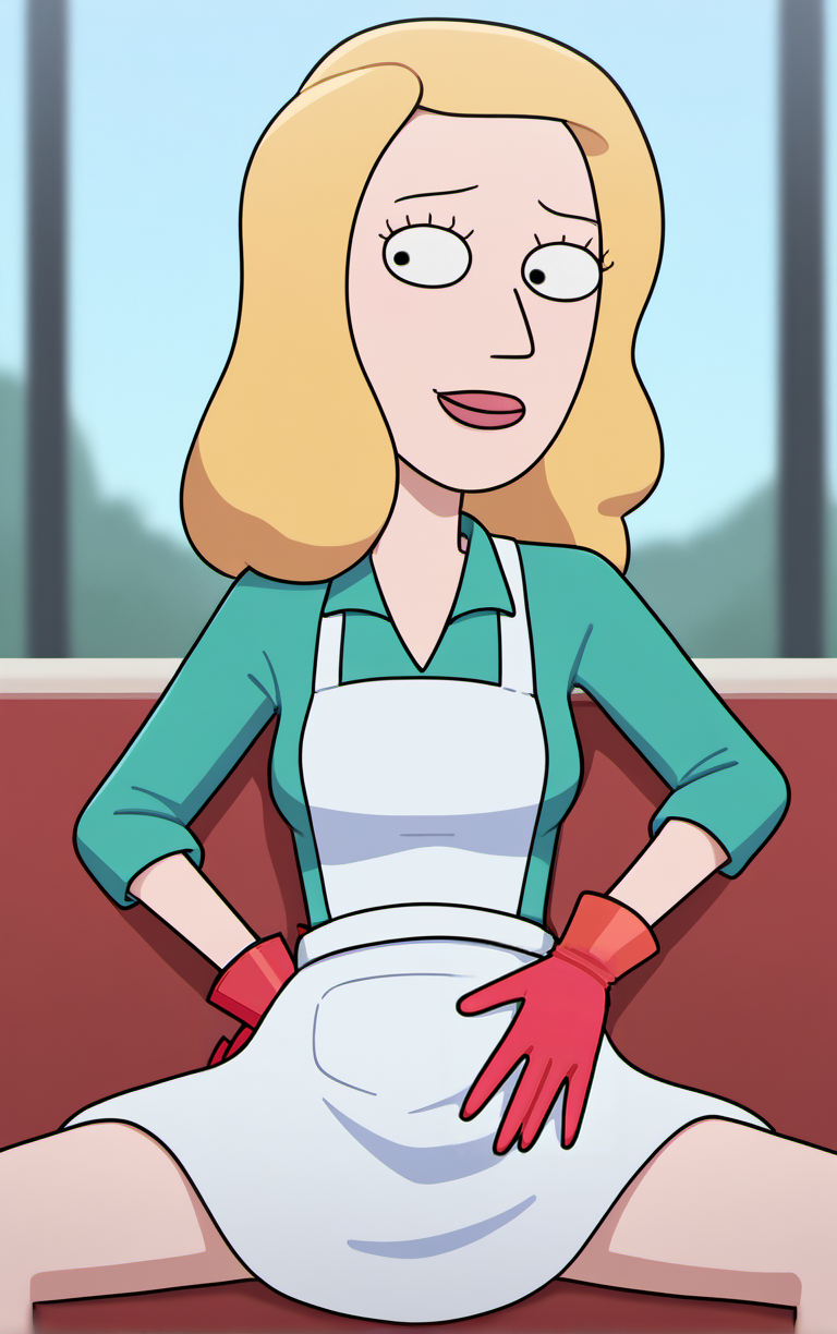 score_9, score_8_up, score_7_up, outdoors, solo, looking at viewer, BREAK 
(contrapposto, hand on hip), 
NurseOperationOutfit_BethSmith_ownwaifu,
1girl, blonde hair, constricted pupils, black eyes,eyelashes, long hair,
white apron, apron, green shirt, gloves, blood, long sleeves, overalls, red gloves, toon (style),
(sitting, spread legs), couch,  window shade, <lora:PONYXL_MOM_BethSmith_ownwaifu:0.9>,
 depth of field, light particles,