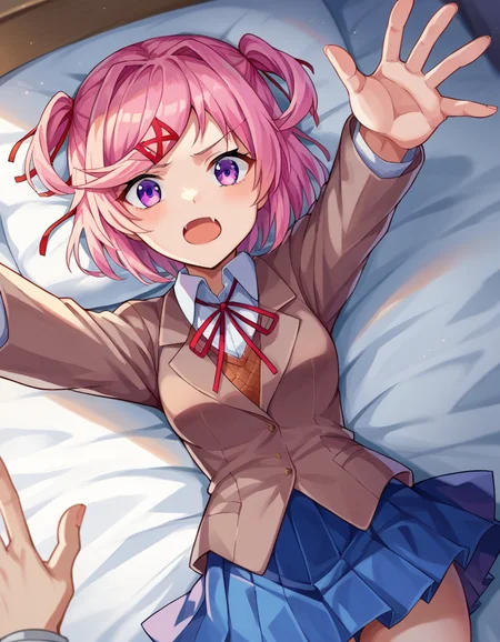 score_9, score_8_up, score_7_up, source_anime,
ddlcnatsuki, <lora:ddlc-natsuki-ponyxl-lora-nochekaiser:1>
ddlcnatsuki, fang, hair ornament, pink hair, purple eyes, short hair, short sidetail, swept bangs, x hair ornament,
blazer, blue skirt, brown jacket, collared shirt, jacket, long sleeves, miniskirt, neck ribbon, pleated skirt, red ribbon, ribbon, school uniform, shirt, skirt, swept bangs, vest, white shirt, wing collar, x hair ornament,
indoors, bed, bed room, on back, arm support, arms up, incoming hug, pov, reaching, reaching towards viewer,
looking at viewer, dutch angle, cowboy shot,