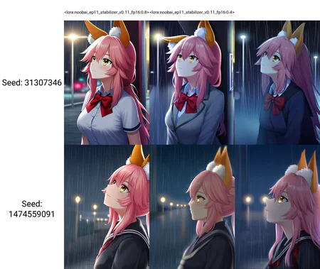 <lora:noobai_ep11_stabilizer_v0.11_fp16:0.8>1girl,tamamo \(fate\),fox ears,school uniform,closed mouth,looking up,rain,upper body,night light,street,depth of field,