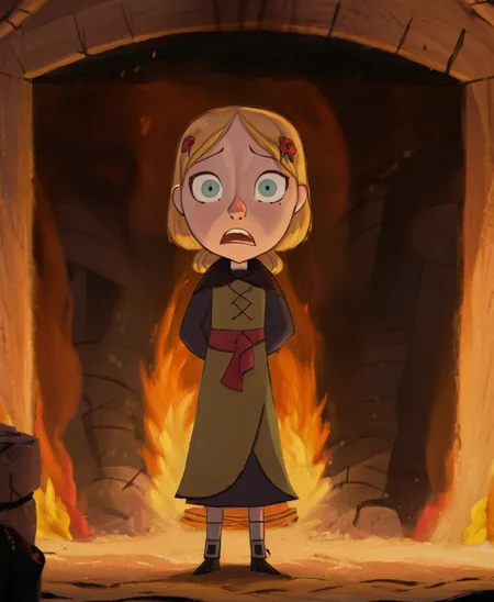 cartoon saloon, a girl stood in front of a roaring fire with her back to the camera, <lora:Cartoon_Saloon_Style_XL_kk:1>