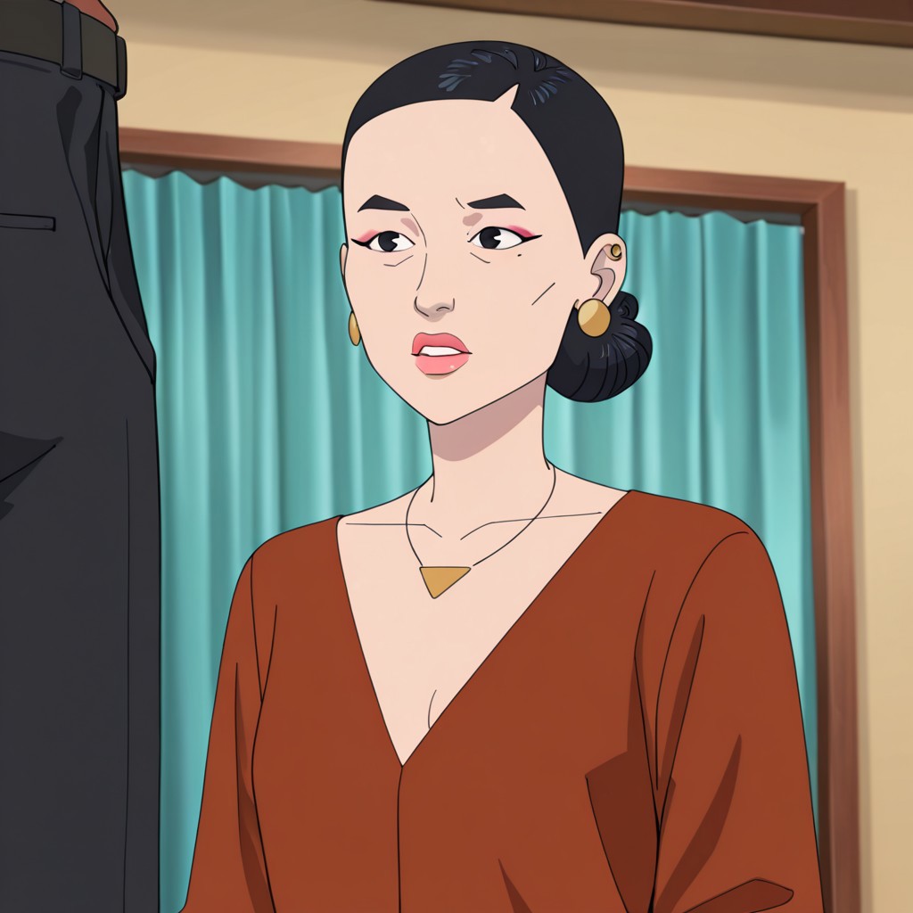 masterpiece, best quality, newest, absurdres, highres, Invincible-show-style-INVPACK.V1.0,
1girl, 
Debbie-INVPACK.V1.0,  asian, asian female, short hair, hairbun, mature female, black hair, black eyes, single hair bun, earrings, Debbie-INVPACK.V1.0-mainS3outfit, brown shirt, black pants, jewelry, necklace, makeup, lipstick
