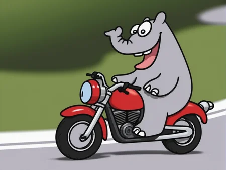 <lora:Ottifant_sdxl:0.5> Ottifant smiling, riding a motorbike