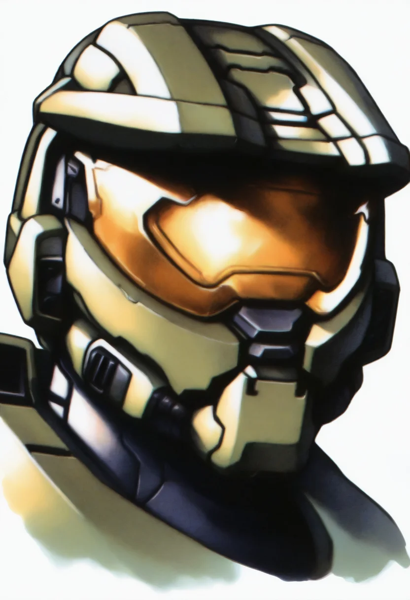 masterpiece, best quality, solo, 1boy, looking at viewer, <lora:FF7-Portraits-illus_Fp:1>, simple background, portrait, white background,  <lora:masterchief-halo-richy-v1_ixl:1>, masterchief, helmet, visor, power armor
