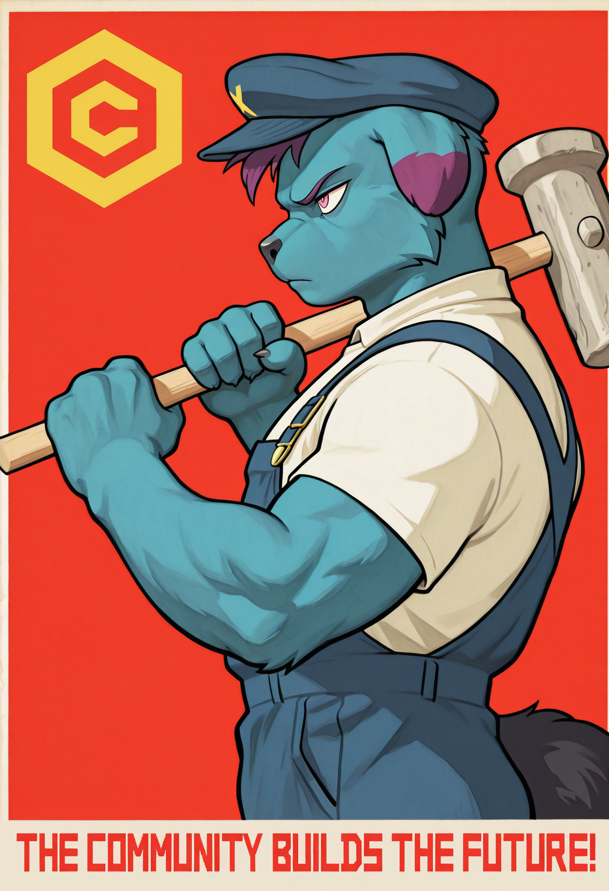(masterpiece, best quality, absurdres:0.8), <lora:Soviet_propaganda_poster_USSR_-_Illustrious:1> soviet propaganda poster, traditional media, retro artstyle, limited palette, red background, from side, side view, solo BREAK
<lora:Depresso_IL-000008:1> depresso, blue body, purple hair, black tail, pink eyes, furry male, muscular male, flat cap, blue cap, white shirt, blue overalls, looking forward, determined, standing, holding weapon, holding hammer, weapon over shoulder, 5 fingers