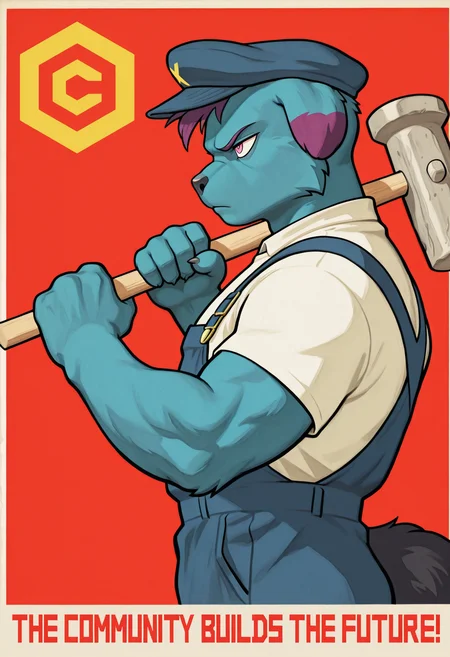 (masterpiece, best quality, absurdres:0.8), <lora:Soviet_propaganda_poster_USSR_-_Illustrious:1> soviet propaganda poster, traditional media, retro artstyle, limited palette, red background, from side, side view, solo BREAK
<lora:Depresso_IL-000008:1> depresso, blue body, purple hair, black tail, pink eyes, furry male, muscular male, flat cap, blue cap, white shirt, blue overalls, looking forward, determined, standing, holding weapon, holding hammer, weapon over shoulder, 5 fingers