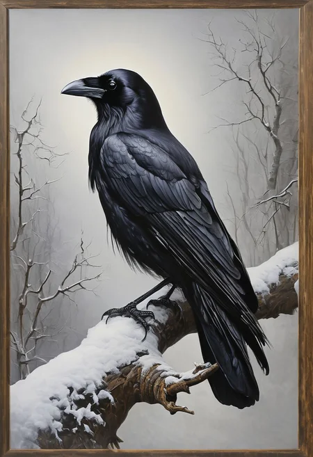 raven on a branch, winter, realistic, DOOMHAZER