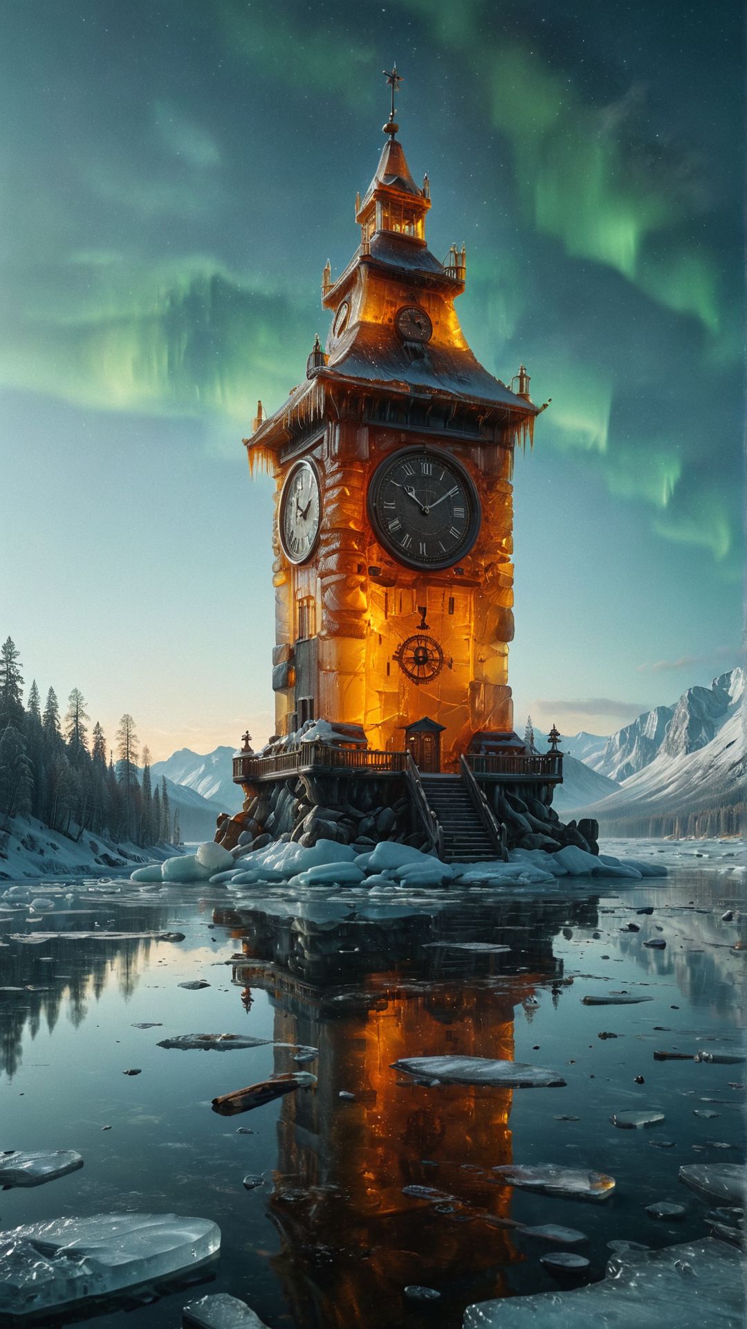 hyper realistic, a giant clock tower made of ice, standing in the middle of a frozen lake, northern lights illuminating the scene, serene and magical ,<lora:ral-amber:1> ral-amber
<lora:add-detail-xl:1>,
<lora:MJ52:0.35>,
<lora:SDXLFaeTastic2400:0.325>,
(settings by AIDigitalmediaaggency:0.0001),
OverallDetailXL