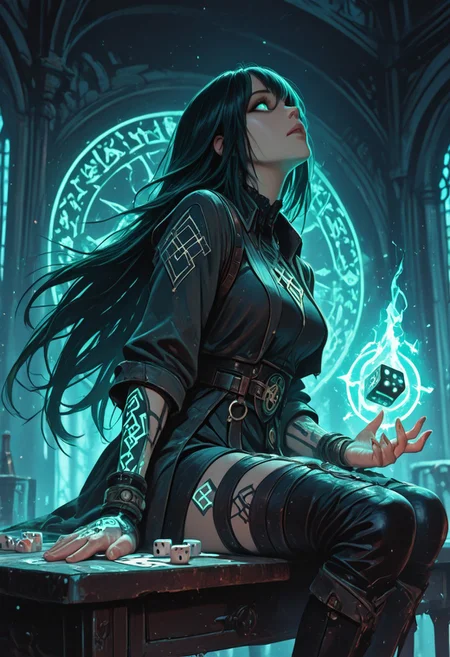 (masterpiece), (best quality), 8k, 1girl, medium-long shot, dramatic perspective from table level, looking up, sitting on a table, throwing large glowing dice, dice close to the camera, perspective distortion, smirking expression, glowing eyes, confident posture, arcane tattoos on hands, playing cards floating around, magical runes on dice, glowing ambient light, wind blowing long hair, dynamic lighting, magical particles, cinematic fantasy scene, background blurred for depth, casual but dangerous aura,