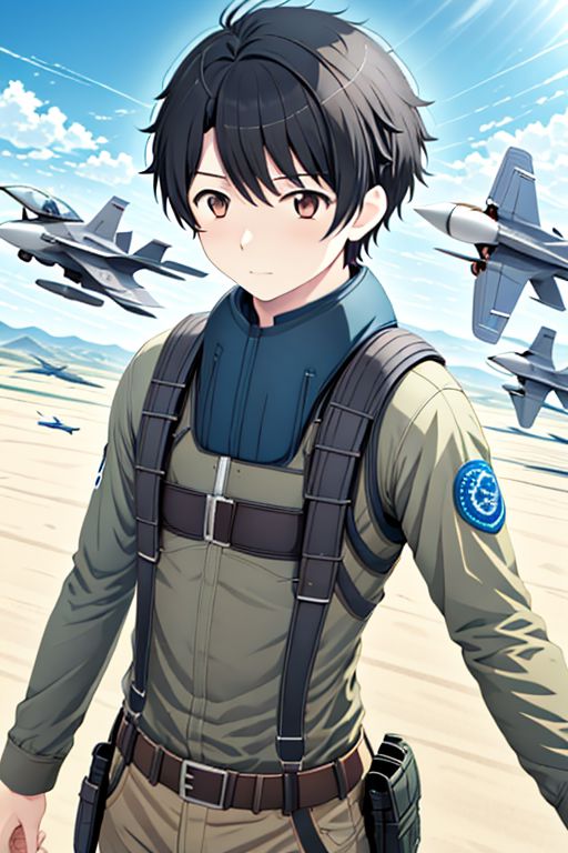 high resolution, solo, best quality, 1Boy, Inaho Kaizuka, Black hair, Brown Eyes, Pilot, Jet Fighter, Military, Military Uniform, military action, OverallDetail
